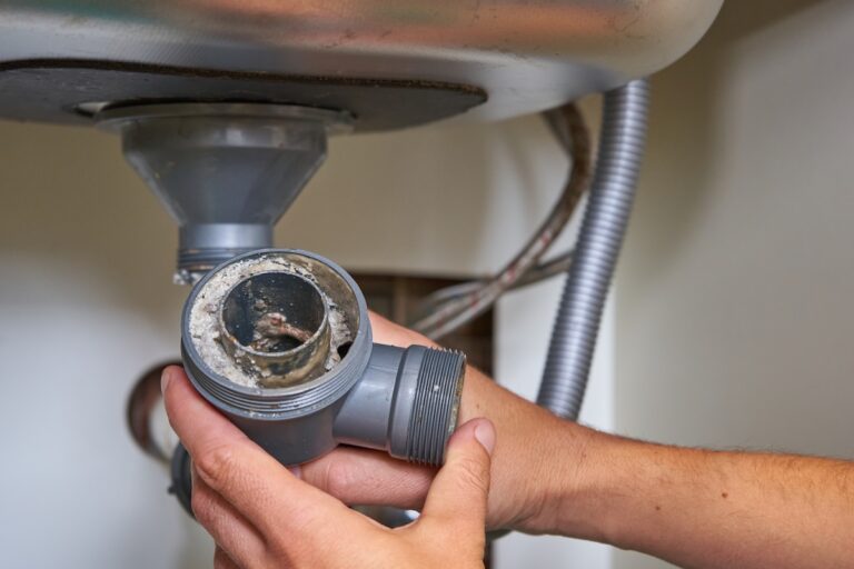 a plumber cleans a clogged siphon pipe of a sink in the kitchen