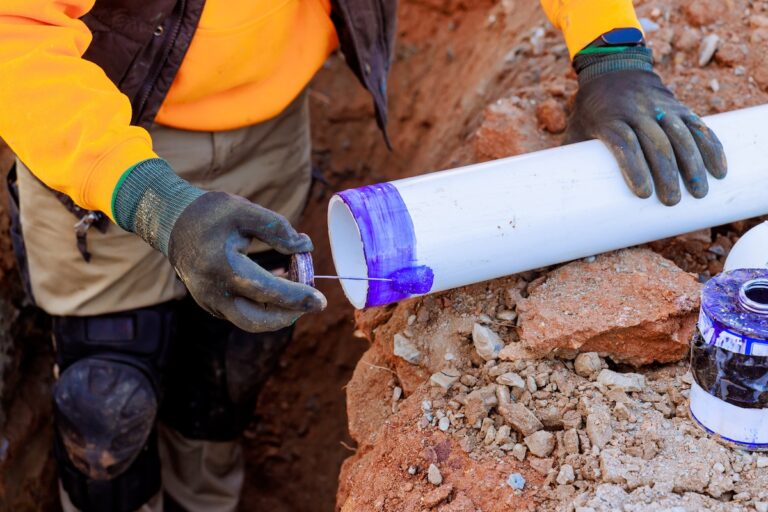 Construction worker prepares PVC piping by applying purple primer to ensure durable seal in trench setting.