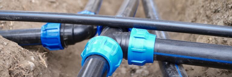 Connecting water supply plastic pipes on ground.