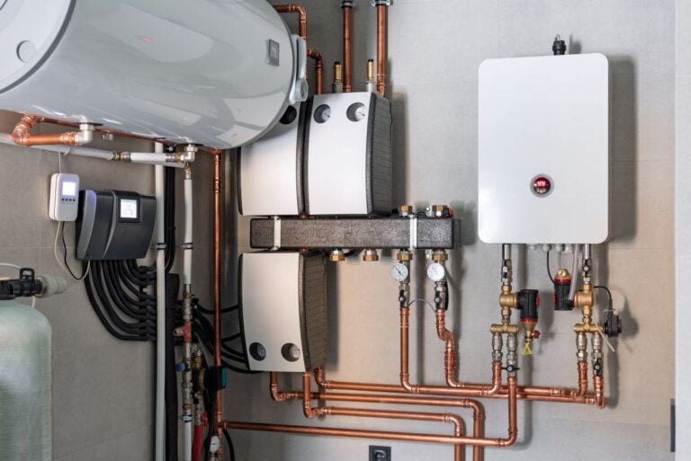 Heating system equipment in a boiler room of modern private house. Wall installation of electric boiler device, valves, pumps, cooper tubing, water heater